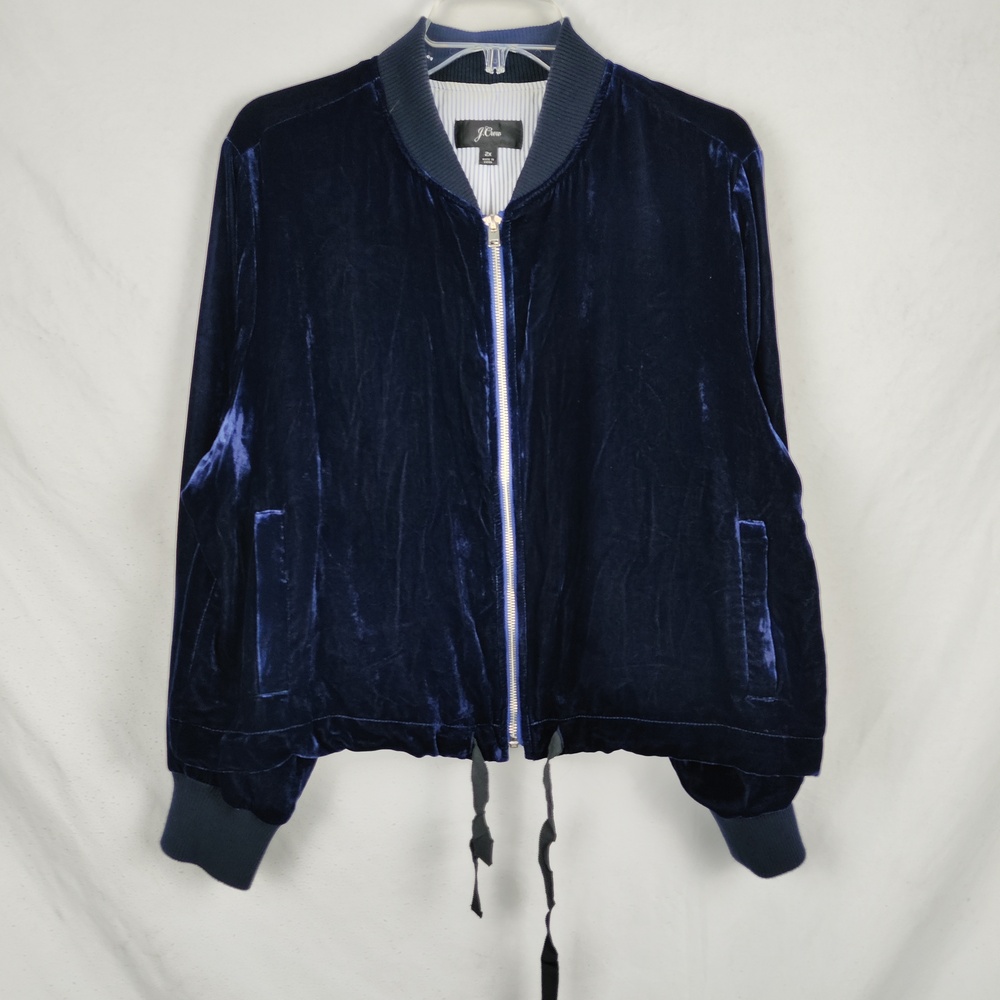 J.Crew Jacket Womens 2X Blue Velvet Bomber Full Zip Drawstring Pockets Lined